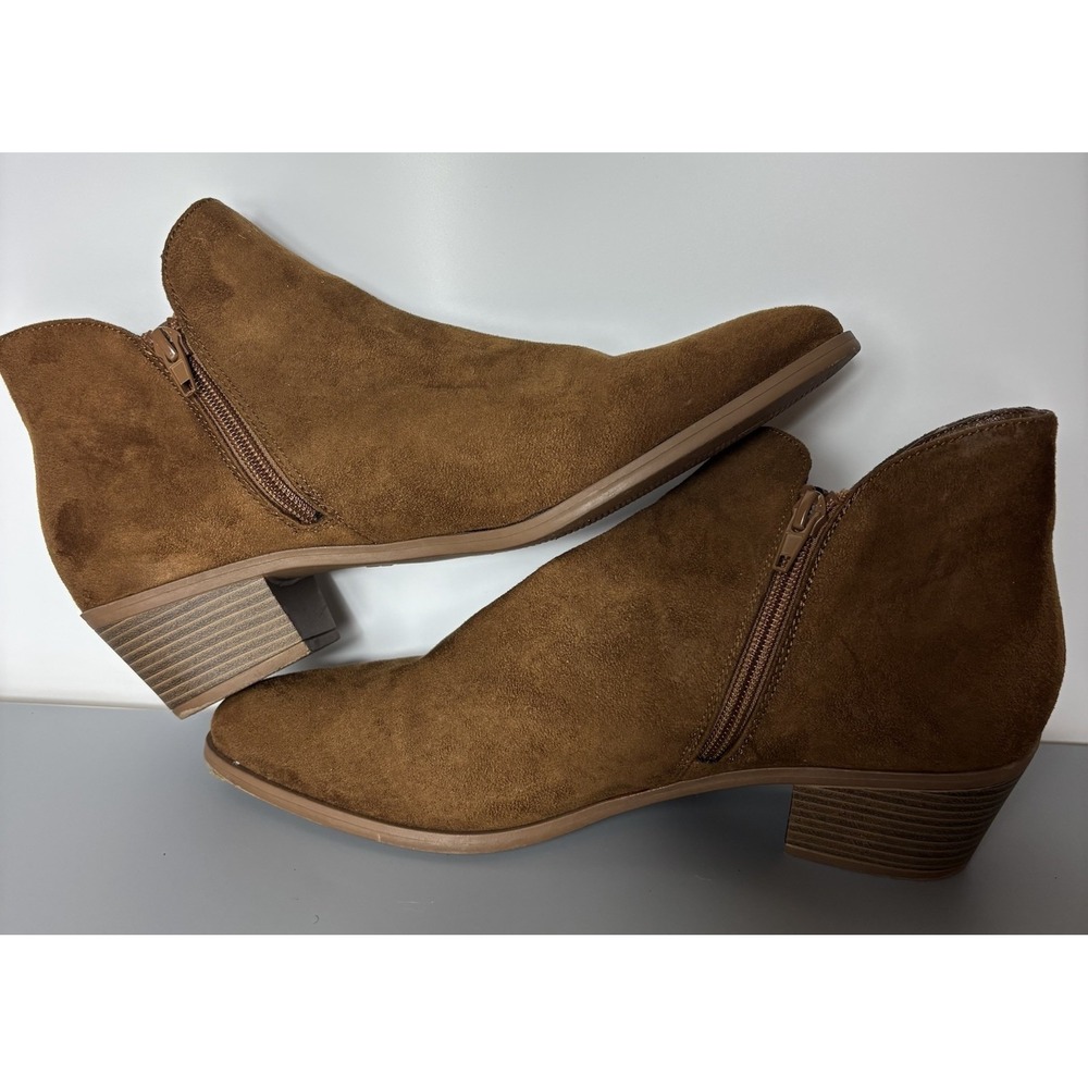 Forever21 Sz 10 Faux Suede Ankle Boot Braided Trim Rust Congac Brown Block Heel